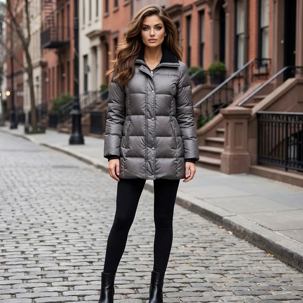 Michael Kors Goose Down Puffer Jacket Womens M Gray Minimalist Preppy Warm